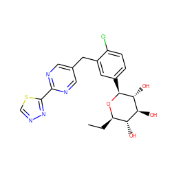 CC[C@H]1O[C@@H](c2ccc(Cl)c(Cc3cnc(-c4nncs4)nc3)c2)[C@H](O)[C@@H](O)[C@@H]1O ZINC000064559825