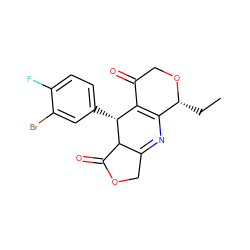 CC[C@H]1OCC(=O)C2=C1N=C1COC(=O)C1[C@@H]2c1ccc(F)c(Br)c1 ZINC000040568544