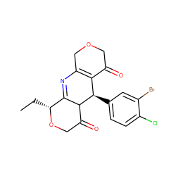 CC[C@H]1OCC(=O)C2C1=NC1=C(C(=O)COC1)[C@H]2c1ccc(Cl)c(Br)c1 ZINC000040567888