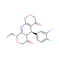 CC[C@H]1OCC(=O)C2C1=NC1=C(C(=O)COC1)[C@H]2c1ccc(F)c(I)c1 ZINC000040766819