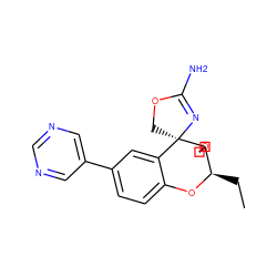 CC[C@H]1Oc2ccc(-c3cncnc3)cc2[C@]2(COC(N)=N2)C12COC2 ZINC000220715676