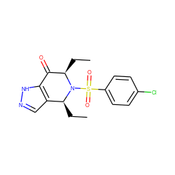 CC[C@H]1c2cn[nH]c2C(=O)[C@@H](CC)N1S(=O)(=O)c1ccc(Cl)cc1 ZINC000049036279