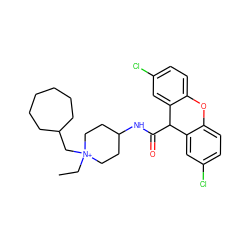 CC[N+]1(CC2CCCCCC2)CCC(NC(=O)C2c3cc(Cl)ccc3Oc3ccc(Cl)cc32)CC1 ZINC000045484047