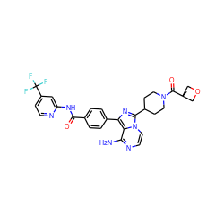 CC1(C(=O)N2CCC(c3nc(-c4ccc(C(=O)Nc5cc(C(F)(F)F)ccn5)cc4)c4c(N)nccn34)CC2)COC1 ZINC001772637364