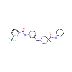 CC1(C(=O)NC2CCCCC2)CCN(Cc2cccc(NC(=O)c3cccc(C(F)(F)F)n3)c2)CC1 ZINC001772605182