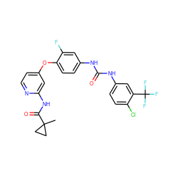 CC1(C(=O)Nc2cc(Oc3ccc(NC(=O)Nc4ccc(Cl)c(C(F)(F)F)c4)cc3F)ccn2)CC1 ZINC001772570183