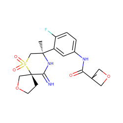 CC1(C(=O)Nc2ccc(F)c([C@]3(C)CS(=O)(=O)[C@]4(CCOC4)C(=N)N3)c2)COC1 ZINC000147262758