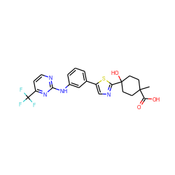 CC1(C(=O)O)CCC(O)(c2ncc(-c3cccc(Nc4nccc(C(F)(F)F)n4)c3)s2)CC1 ZINC000072315387