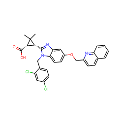 CC1(C)[C@@H](C(=O)O)[C@H]1c1nc2cc(OCc3ccc4ccccc4n3)ccc2n1Cc1ccc(Cl)cc1Cl ZINC000226101175