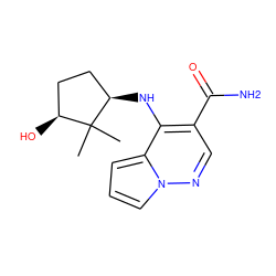 CC1(C)[C@@H](O)CC[C@H]1Nc1c(C(N)=O)cnn2cccc12 ZINC000203803323