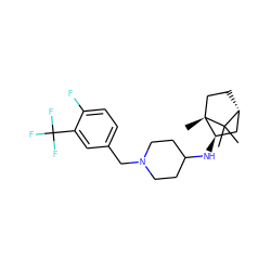 CC1(C)[C@@H]2CC[C@@]1(C)[C@H](NC1CCN(Cc3ccc(F)c(C(F)(F)F)c3)CC1)C2 ZINC000040975153