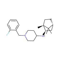 CC1(C)[C@@H]2CC[C@@]1(C)[C@H](NC1CCN(Cc3ccccc3F)CC1)C2 ZINC000040894967