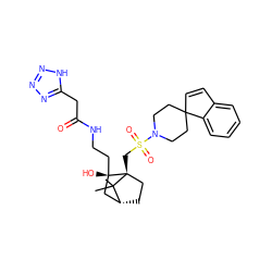 CC1(C)[C@@H]2CC[C@@]1(CS(=O)(=O)N1CCC3(C=Cc4ccccc43)CC1)[C@@](O)(CCNC(=O)Cc1nnn[nH]1)C2 ZINC000027322184