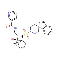 CC1(C)[C@@H]2CC[C@@]1(CS(=O)(=O)N1CCC3(C=Cc4ccccc43)CC1)[C@@](O)(CCNC(=O)c1cccnc1)C2 ZINC000027318875