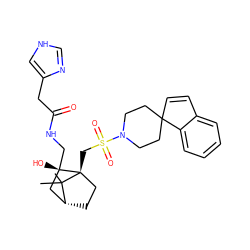 CC1(C)[C@@H]2CC[C@@]1(CS(=O)(=O)N1CCC3(C=Cc4ccccc43)CC1)[C@@](O)(CNC(=O)Cc1c[nH]cn1)C2 ZINC000027318453