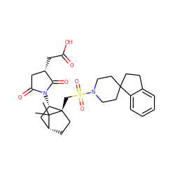 CC1(C)[C@@H]2CC[C@@]1(CS(=O)(=O)N1CCC3(CCc4ccccc43)CC1)[C@@H](N1C(=O)C[C@H](CC(=O)O)C1=O)C2 ZINC000027324759