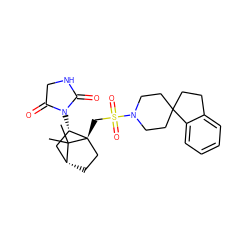 CC1(C)[C@@H]2CC[C@@]1(CS(=O)(=O)N1CCC3(CCc4ccccc43)CC1)[C@@H](N1C(=O)CNC1=O)C2 ZINC000027317463