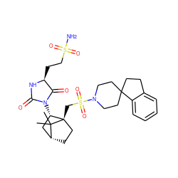 CC1(C)[C@@H]2CC[C@@]1(CS(=O)(=O)N1CCC3(CCc4ccccc43)CC1)[C@@H](N1C(=O)N[C@@H](CCS(N)(=O)=O)C1=O)C2 ZINC000027320755