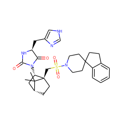 CC1(C)[C@@H]2CC[C@@]1(CS(=O)(=O)N1CCC3(CCc4ccccc43)CC1)[C@@H](N1C(=O)N[C@@H](Cc3c[nH]cn3)C1=O)C2 ZINC000003915912