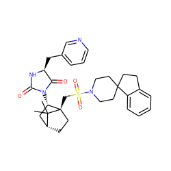 CC1(C)[C@@H]2CC[C@@]1(CS(=O)(=O)N1CCC3(CCc4ccccc43)CC1)[C@@H](N1C(=O)N[C@@H](Cc3cccnc3)C1=O)C2 ZINC000027326490