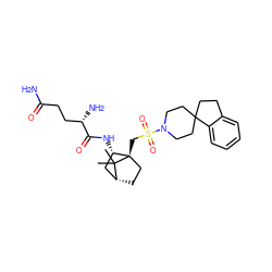 CC1(C)[C@@H]2CC[C@@]1(CS(=O)(=O)N1CCC3(CCc4ccccc43)CC1)[C@@H](NC(=O)[C@@H](N)CCC(N)=O)C2 ZINC000013734632