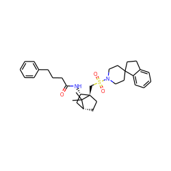 CC1(C)[C@@H]2CC[C@@]1(CS(=O)(=O)N1CCC3(CCc4ccccc43)CC1)[C@@H](NC(=O)CCCc1ccccc1)C2 ZINC000027320617