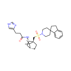 CC1(C)[C@@H]2CC[C@@]1(CS(=O)(=O)N1CCC3(CCc4ccccc43)CC1)[C@@H](NC(=O)CCc1c[nH]cn1)C2 ZINC000027320403