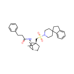 CC1(C)[C@@H]2CC[C@@]1(CS(=O)(=O)N1CCC3(CCc4ccccc43)CC1)[C@@H](NC(=O)CCc1ccccc1)C2 ZINC000027322267