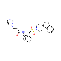 CC1(C)[C@@H]2CC[C@@]1(CS(=O)(=O)N1CCC3(CCc4ccccc43)CC1)[C@@H](NC(=O)CCn1ccnc1)C2 ZINC000027320398