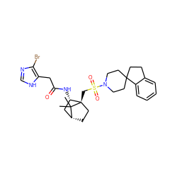 CC1(C)[C@@H]2CC[C@@]1(CS(=O)(=O)N1CCC3(CCc4ccccc43)CC1)[C@@H](NC(=O)Cc1[nH]cnc1Br)C2 ZINC000027325809