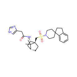 CC1(C)[C@@H]2CC[C@@]1(CS(=O)(=O)N1CCC3(CCc4ccccc43)CC1)[C@@H](NC(=O)Cc1c[nH]cn1)C2 ZINC000003777438