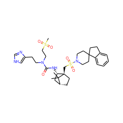 CC1(C)[C@@H]2CC[C@@]1(CS(=O)(=O)N1CCC3(CCc4ccccc43)CC1)[C@@H](NC(=O)N(CCc1c[nH]cn1)CCS(C)(=O)=O)C2 ZINC000003923117