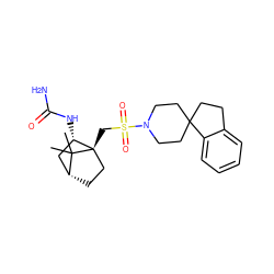 CC1(C)[C@@H]2CC[C@@]1(CS(=O)(=O)N1CCC3(CCc4ccccc43)CC1)[C@@H](NC(N)=O)C2 ZINC000027314301