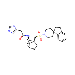 CC1(C)[C@@H]2CC[C@@]1(CS(=O)(=O)N1CCC3(CCc4ccccc43)CC1)[C@H](NC(=O)Cc1c[nH]cn1)C2 ZINC000001482734