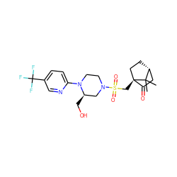 CC1(C)[C@@H]2CC[C@@]1(CS(=O)(=O)N1CCN(c3ccc(C(F)(F)F)cn3)[C@H](CO)C1)C(=O)C2 ZINC000040395487