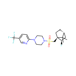 CC1(C)[C@@H]2CC[C@@]1(CS(=O)(=O)N1CCN(c3ccc(C(F)(F)F)cn3)CC1)[C@H](F)C2 ZINC000040864056