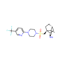 CC1(C)[C@@H]2CC[C@@]1(CS(=O)(=O)N1CCN(c3ccc(C(F)(F)F)cn3)CC1)[C@H](N)C2 ZINC000040933891