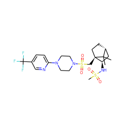 CC1(C)[C@@H]2CC[C@@]1(CS(=O)(=O)N1CCN(c3ccc(C(F)(F)F)cn3)CC1)[C@H](NS(C)(=O)=O)C2 ZINC000040935839