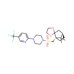 CC1(C)[C@@H]2CC[C@@]1(CS(=O)(=O)N1CCN(c3ccc(C(F)(F)F)cn3)CC1)C1(C2)OCCO1 ZINC000040395337