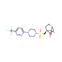 CC1(C)[C@@H]2CC[C@@]1(CS(=O)(=O)N1CCN(c3ccc(C(F)(F)F)nn3)CC1)C(=O)C2 ZINC000040420541