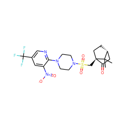 CC1(C)[C@@H]2CC[C@@]1(CS(=O)(=O)N1CCN(c3ncc(C(F)(F)F)cc3[N+](=O)[O-])CC1)C(=O)C2 ZINC000040919166