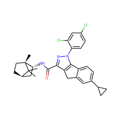 CC1(C)[C@@H]2CC[C@]1(C)[C@H](NC(=O)c1nn(-c3ccc(Cl)cc3Cl)c3c1Cc1cc(C4CC4)ccc1-3)C2 ZINC000653718842