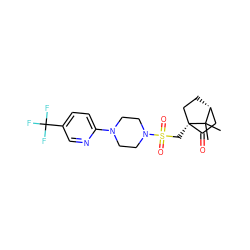 CC1(C)[C@@H]2CC[C@]1(CS(=O)(=O)N1CCN(c3ccc(C(F)(F)F)cn3)CC1)C(=O)C2 ZINC000100080115