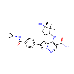 CC1(C)[C@H](Nc2c(C(N)=O)cnn3cc(-c4ccc(C(=O)NC5CC5)cc4)cc23)CC[C@]1(C)N ZINC000169710829