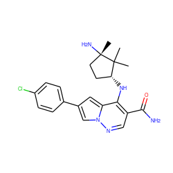 CC1(C)[C@H](Nc2c(C(N)=O)cnn3cc(-c4ccc(Cl)cc4)cc23)CC[C@]1(C)N ZINC001772592591