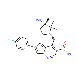 CC1(C)[C@H](Nc2c(C(N)=O)cnn3cc(-c4ccc(F)cc4)cc23)CC[C@]1(C)N ZINC001772594252