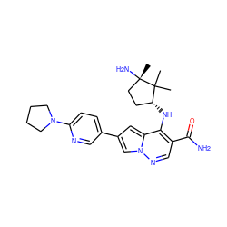 CC1(C)[C@H](Nc2c(C(N)=O)cnn3cc(-c4ccc(N5CCCC5)nc4)cc23)CC[C@]1(C)N ZINC000169710828