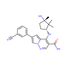 CC1(C)[C@H](Nc2c(C(N)=O)cnn3cc(-c4cccc(C#N)c4)cc23)CC[C@]1(C)N ZINC001772577521