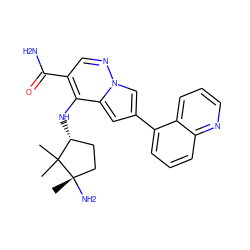 CC1(C)[C@H](Nc2c(C(N)=O)cnn3cc(-c4cccc5ncccc45)cc23)CC[C@]1(C)N ZINC000169710834