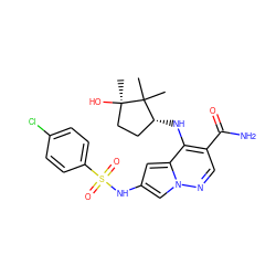 CC1(C)[C@H](Nc2c(C(N)=O)cnn3cc(NS(=O)(=O)c4ccc(Cl)cc4)cc23)CC[C@@]1(C)O ZINC000146080916